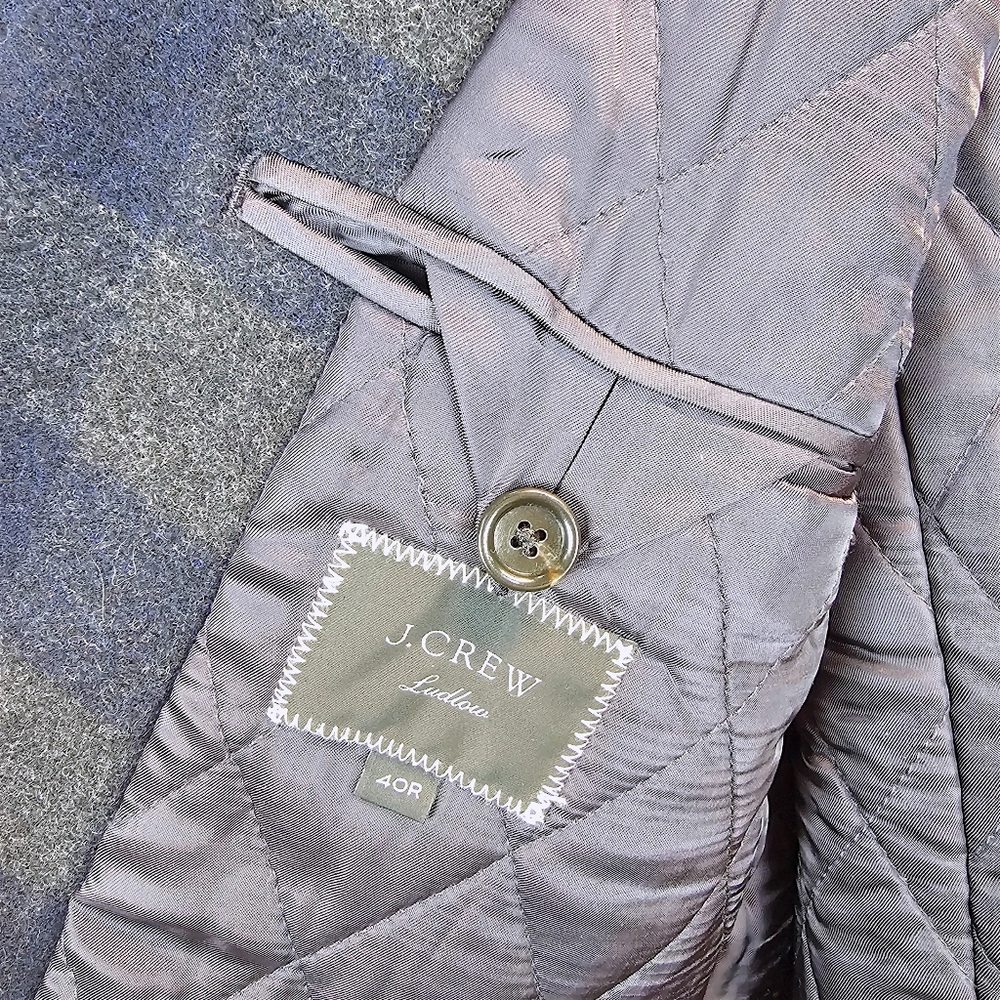 J.Crew Ludlow Plaid Wool Topcoat Navy Gray Check Wool Blend Classic 40R - Picture 11 of 12